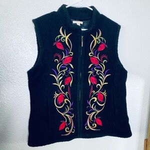 Carson Boho 100% Wool Floral Embroidered Embellished Zipper Front Vest Medium